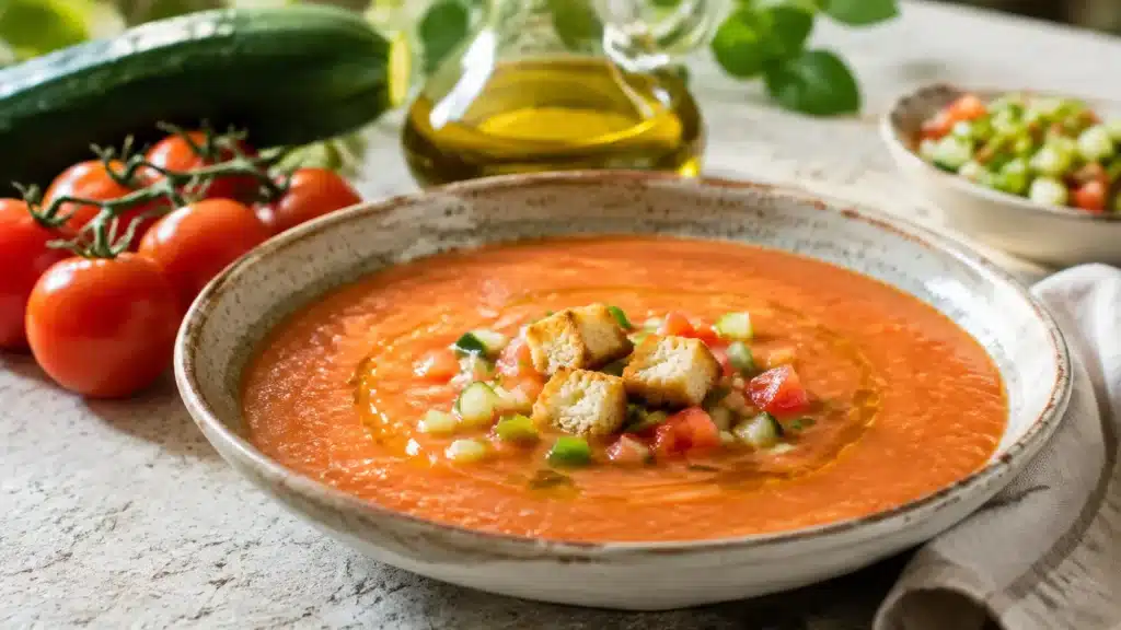 Tomaten-Gazpacho mit Gurke, Paprika, Croutons und Olivenöl