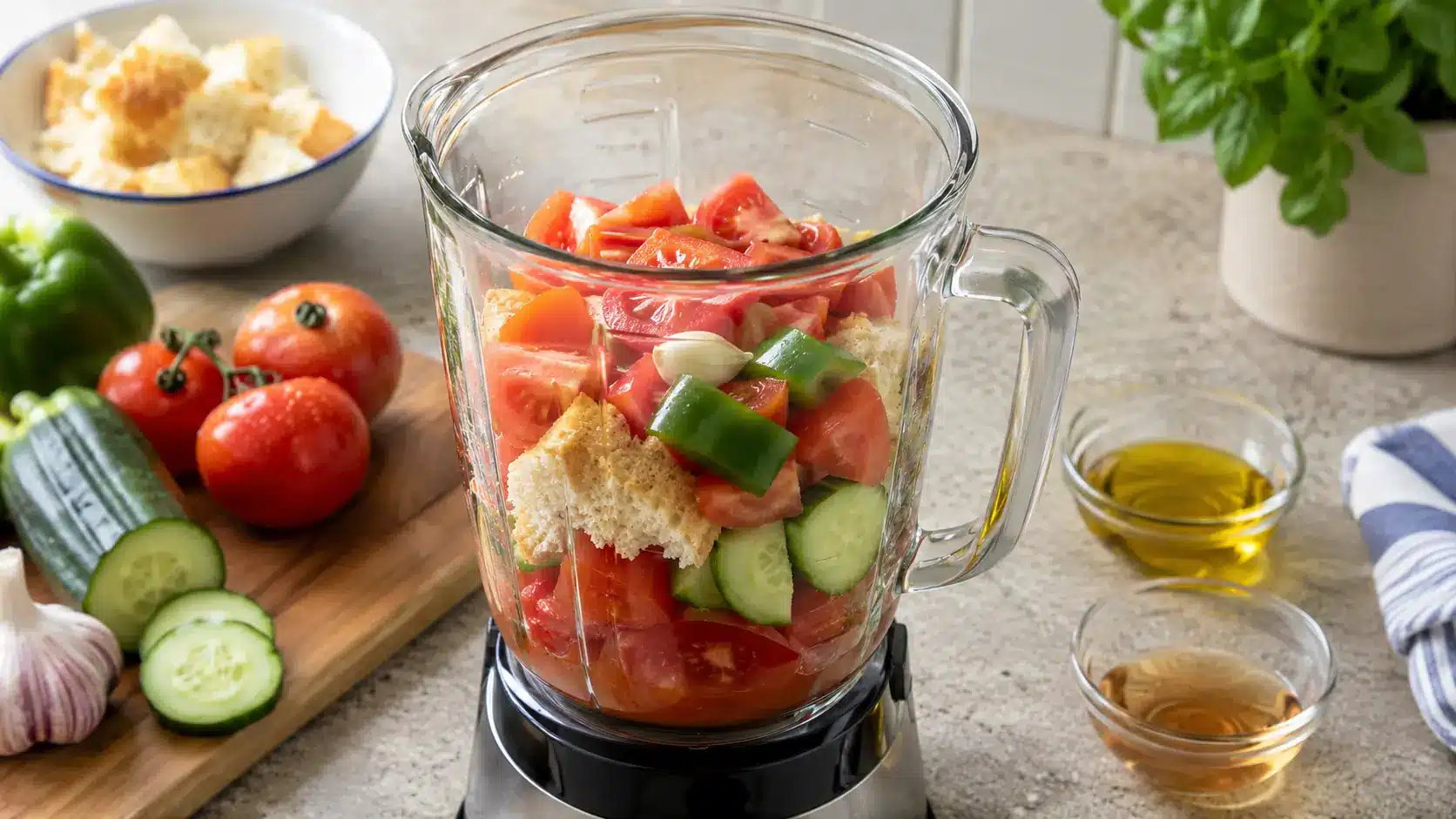 Geschnittene Tomaten, Gurke, Paprika und eingeweichtes Brot im Standmixer