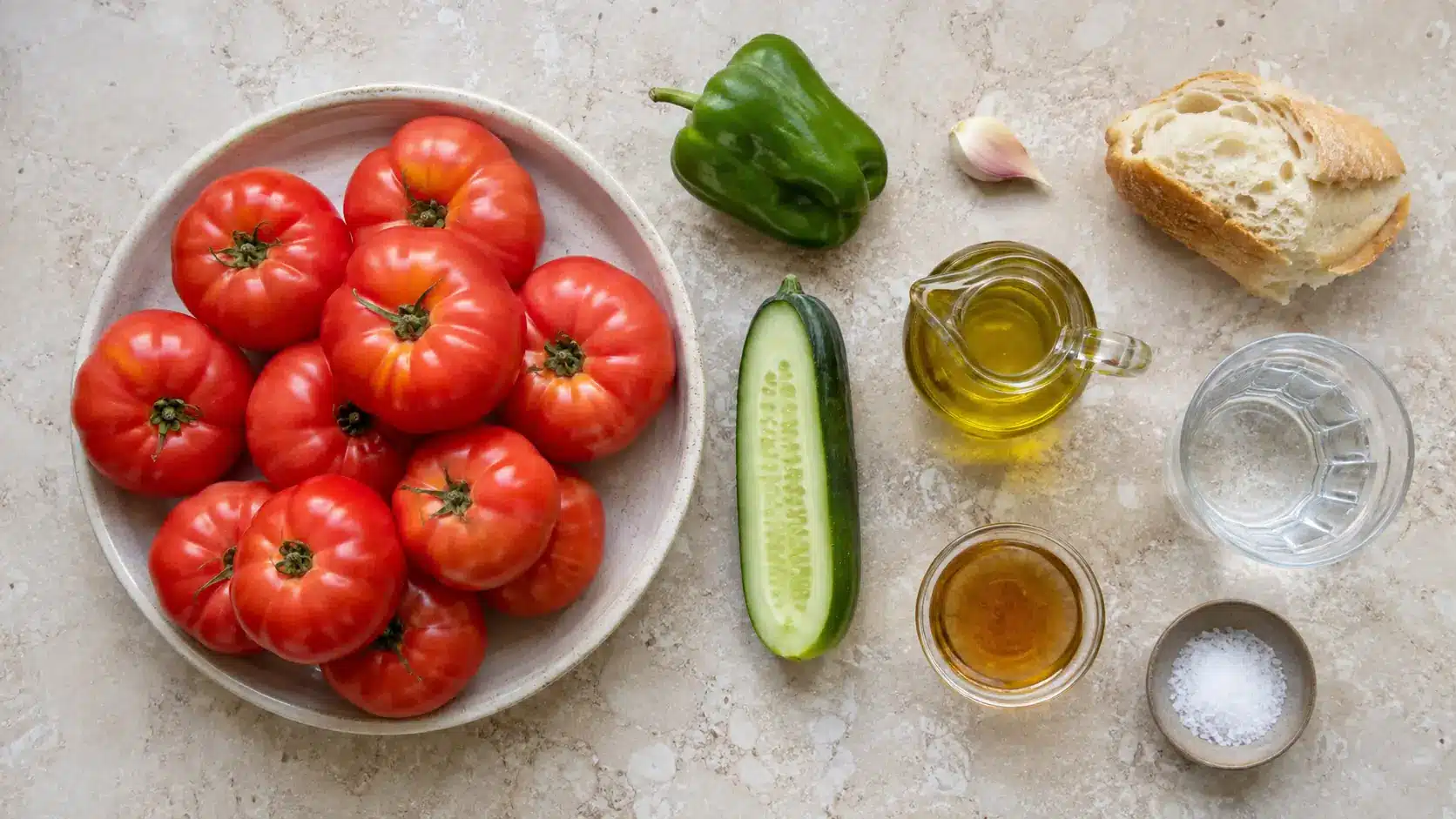 Reife Tomaten, Paprika, Gurke, Knoblauch, Brot, Olivenöl und Essig für Gazpacho
