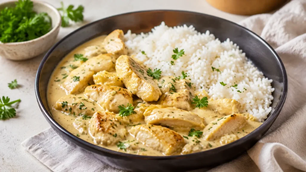 Cremiges Geschnetzeltes ohne Pilze mit Hähnchen und Reis