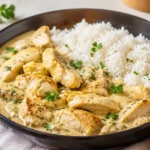 Cremiges Geschnetzeltes ohne Pilze mit Hähnchen und Reis