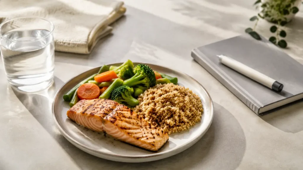 Kleine ausgewogene Mahlzeit mit Lachs, Gemüse, Vollkornbeilage und Wasser neben einem neutralen Injektionspen