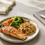 Kleine ausgewogene Mahlzeit mit Lachs, Gemüse, Vollkornbeilage und Wasser neben einem neutralen Injektionspen