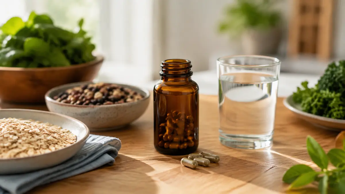 Unbeschriftete Supplement-Kapseln mit Wasser, Haferflocken, Hülsenfrüchten und grünem Gemüse