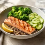 Kleine Lachs-Quinoa-Bowl mit Brokkoli, Gurke und Zitrone