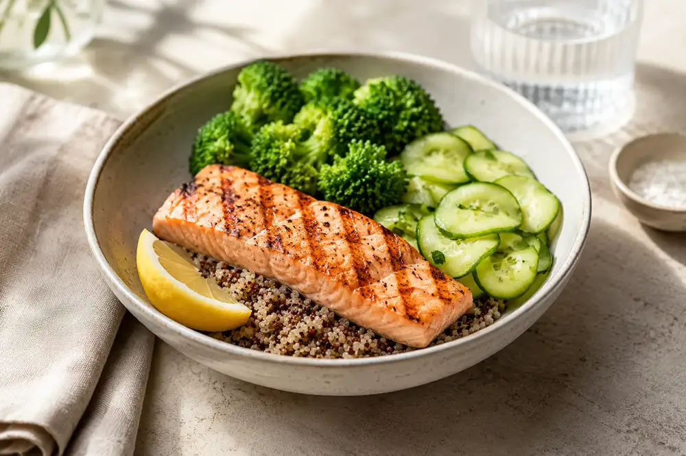 Kleine Lachs-Quinoa-Bowl mit Brokkoli, Gurke und Zitrone