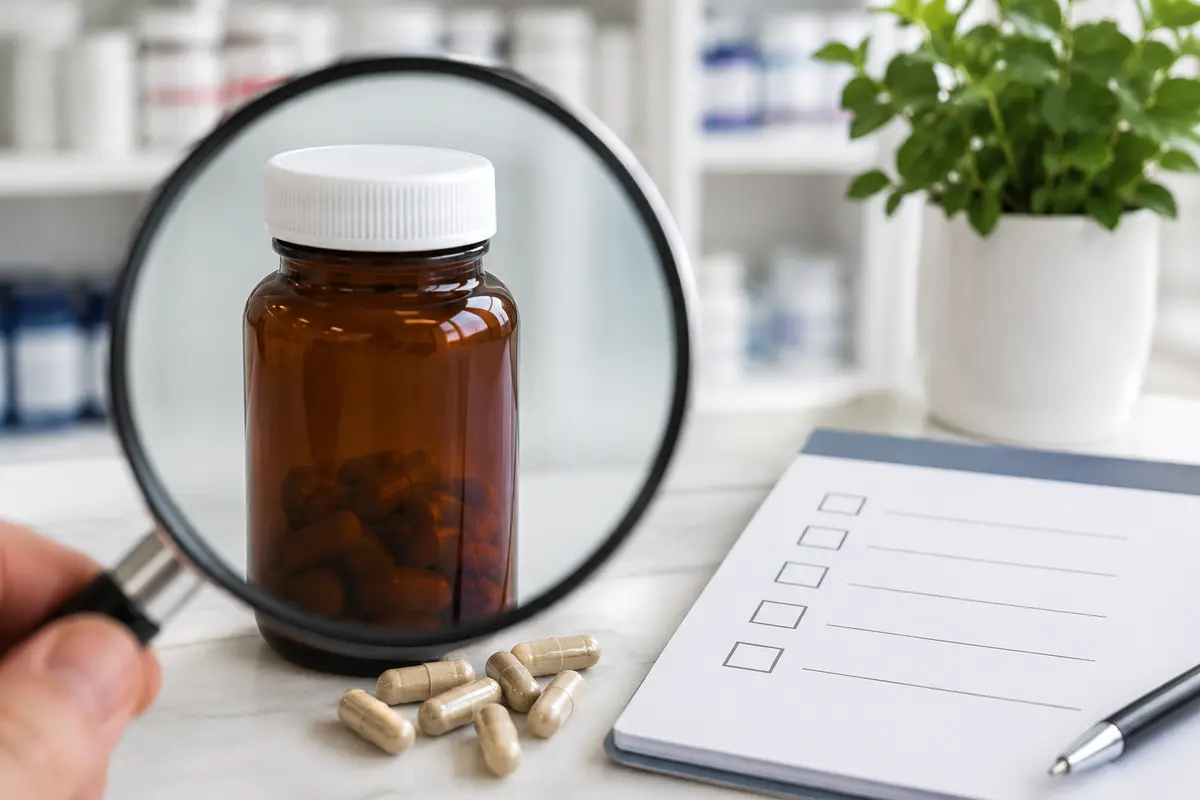 Lupe vor einer unbeschrifteten Supplement-Dose mit Kapseln und einer Checkliste