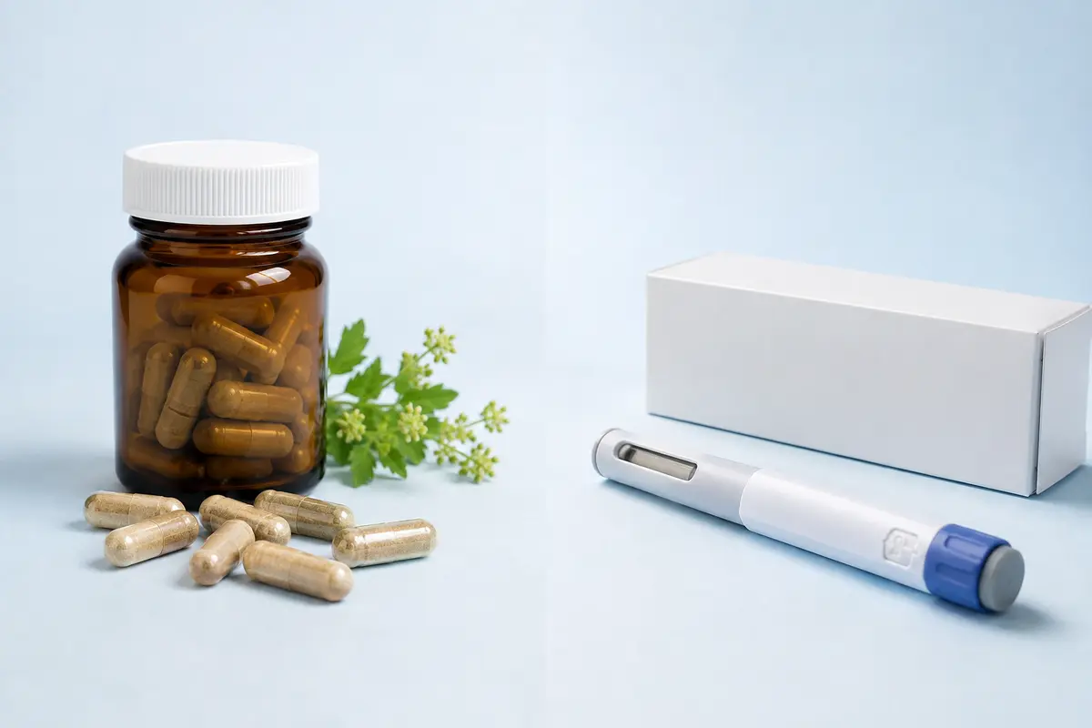 Unbeschriftete Supplement-Kapseln neben einem neutralen Injektionspen als Produktvergleich
