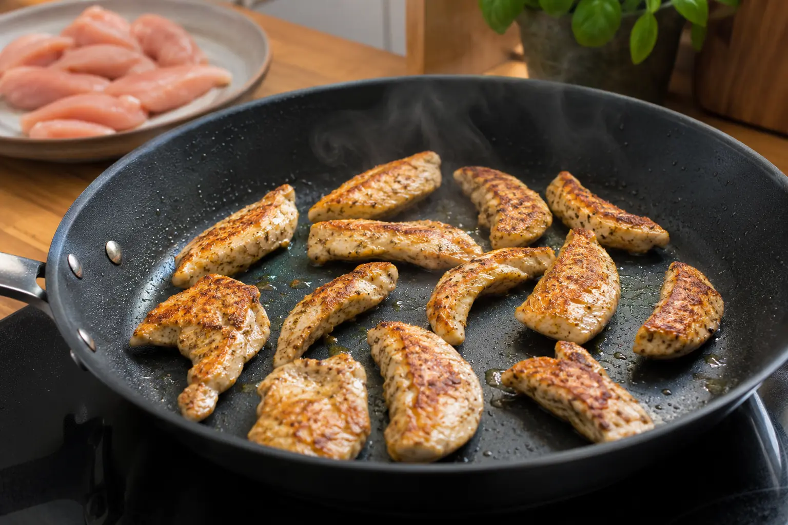 Hähnchenstreifen werden portionsweise in einer heißen Pfanne angebraten