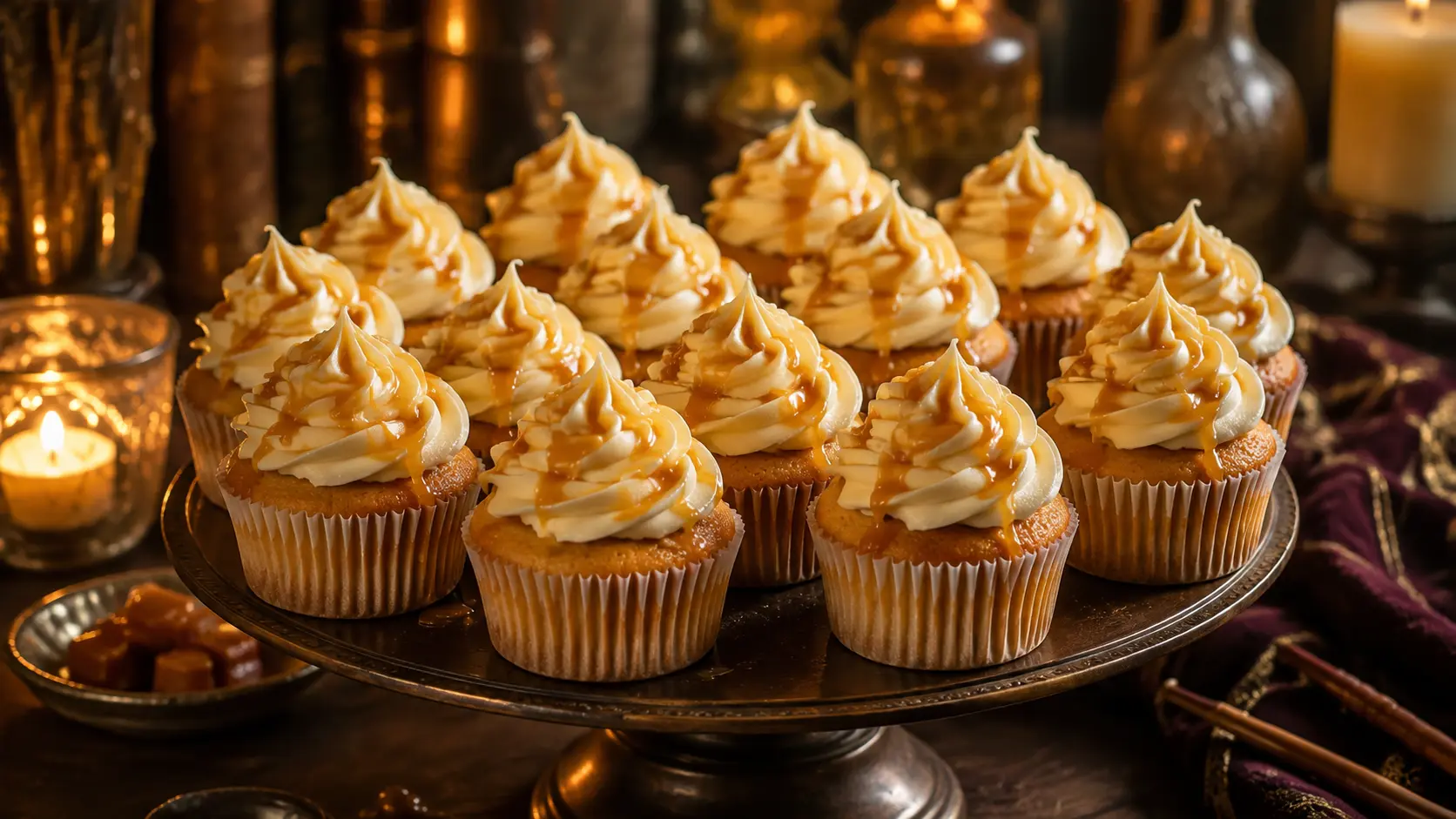 Goldene Vanille-Cupcakes mit Frischkäsecreme und Karamellsauce