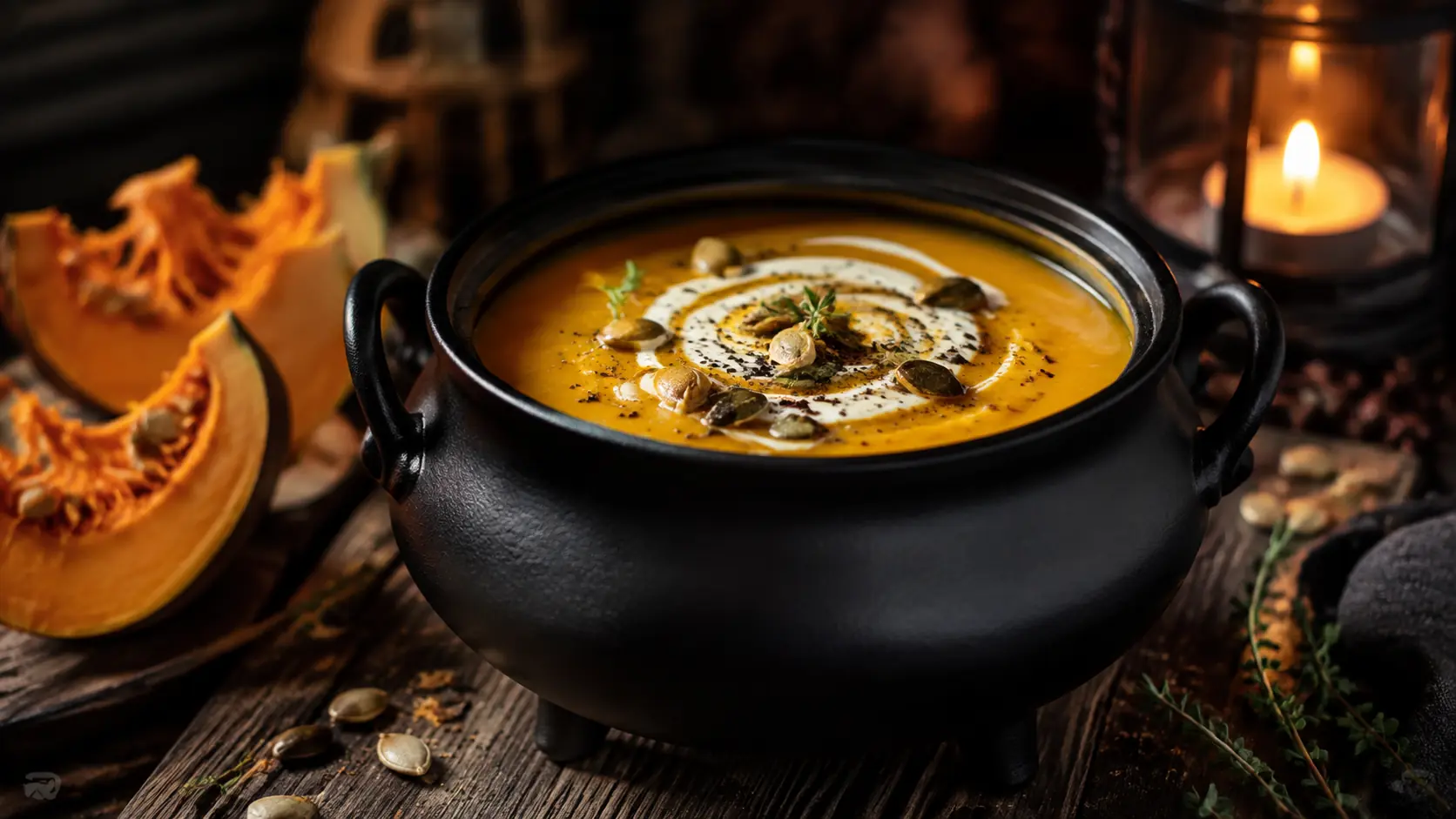 Cremige Kürbissuppe mit gerösteten Kürbiskernen in einer schwarzen Schale