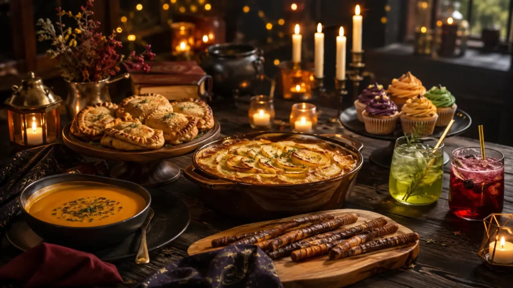 Harry-Potter-inspiriertes Partyessen mit Suppe, Pasteten, Cupcakes, Keksen und alkoholfreien Getränken