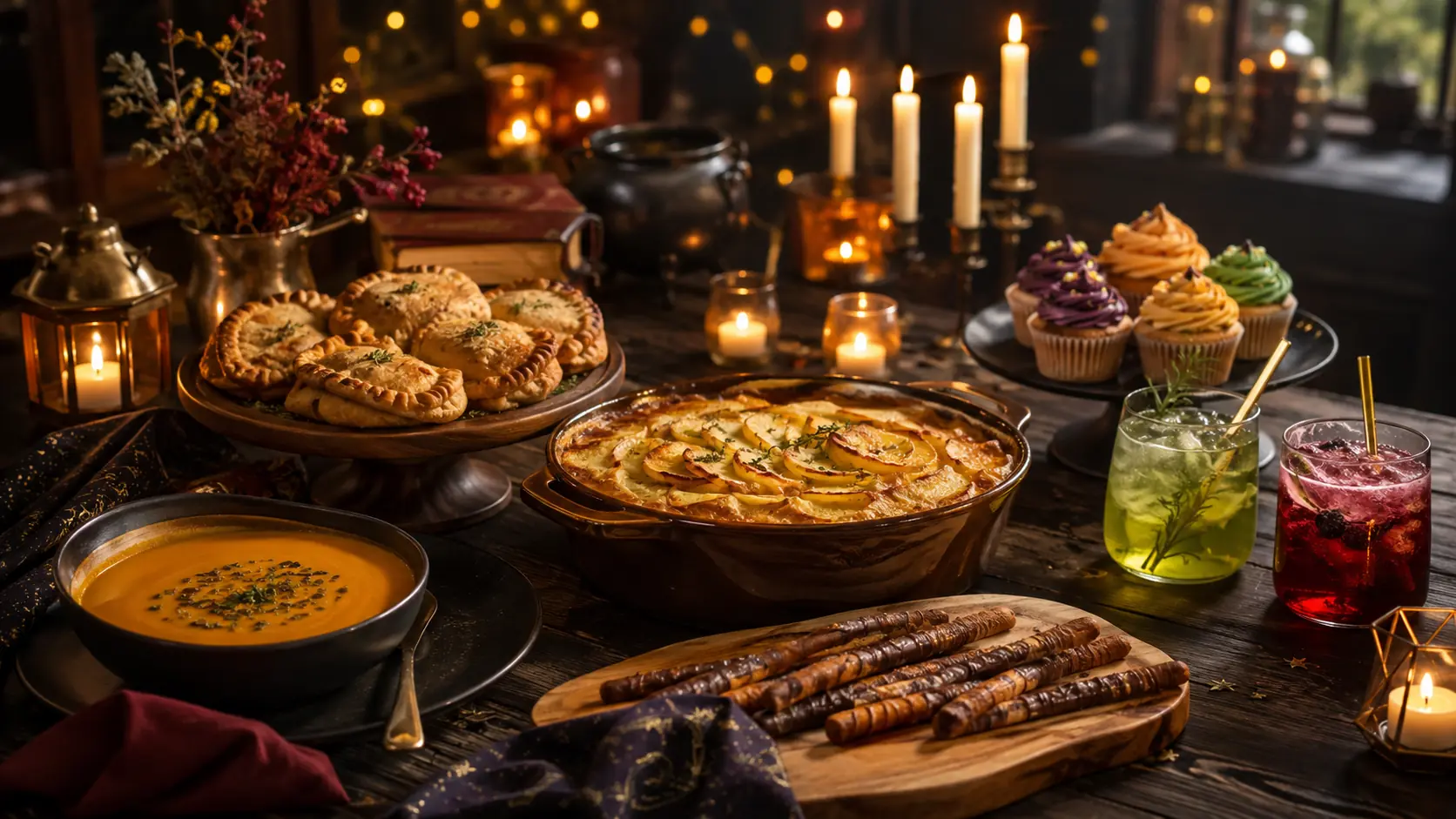 Harry-Potter-inspiriertes Partyessen mit Suppe, Pasteten, Cupcakes, Keksen und alkoholfreien Getränken