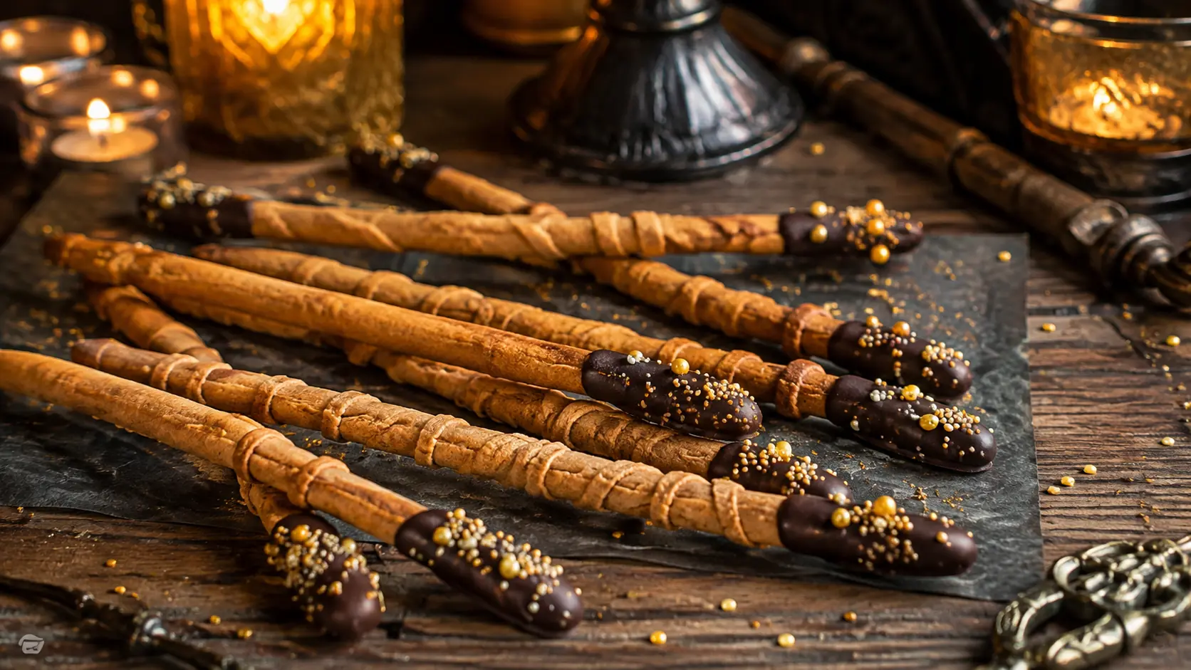 Zauberstabförmige Zimtkekse mit Schokolade und goldenen Zuckerperlen