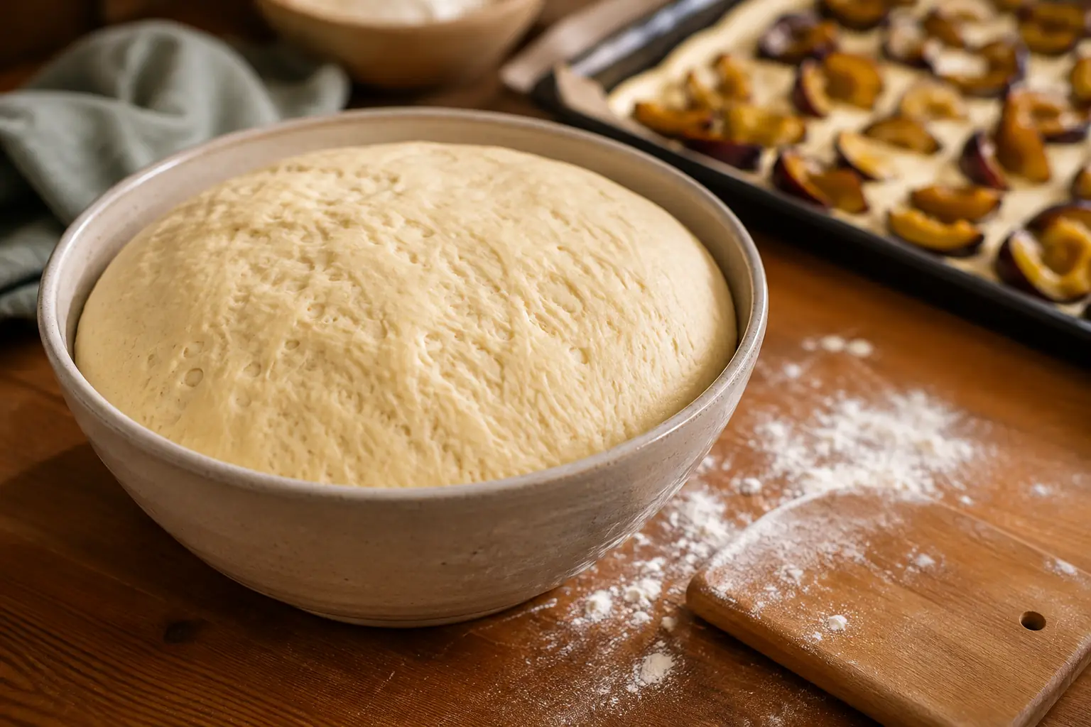 Gegangener Hefeteig für Zwetschgenkuchen