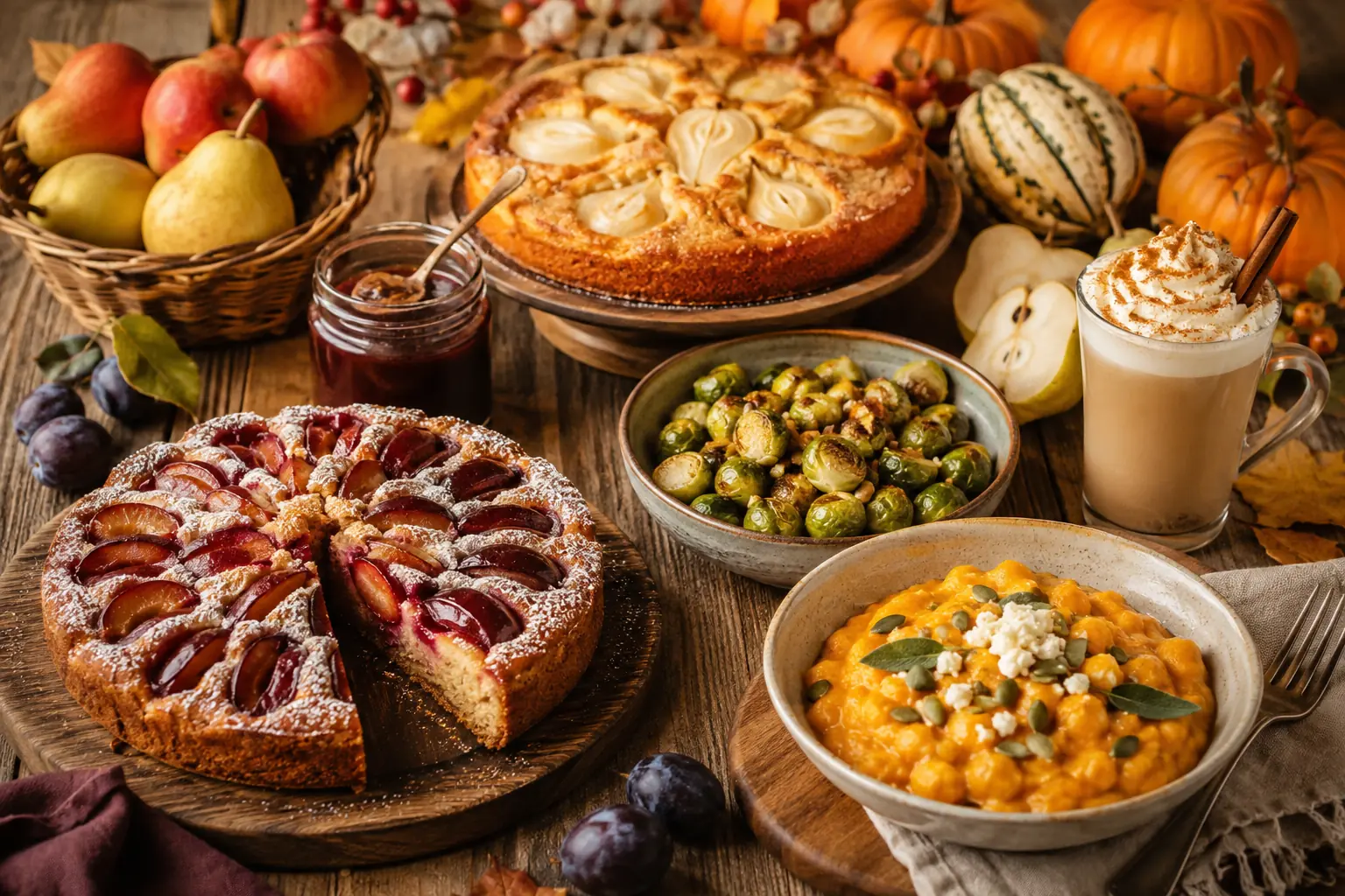 Herbstliche Rezepte mit Kürbis Zwetschgen Birnen Kuchen und warmen Getränken