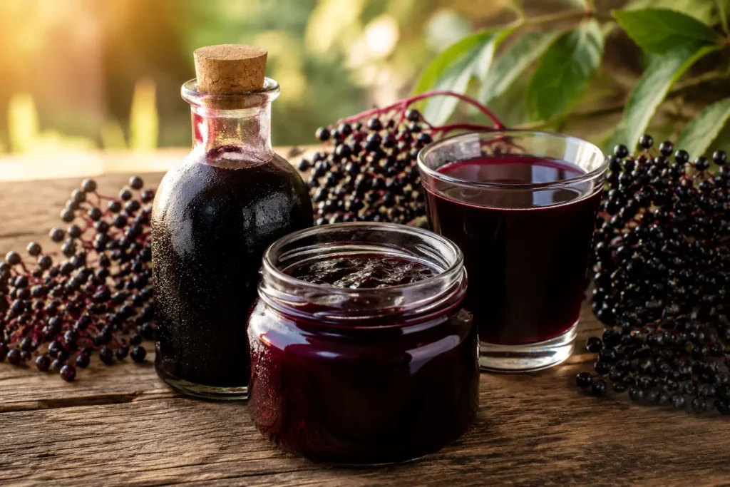 Holunderbeersirup Holunderbeergelee und Holunderbeersaft mit reifen Holunderbeeren
