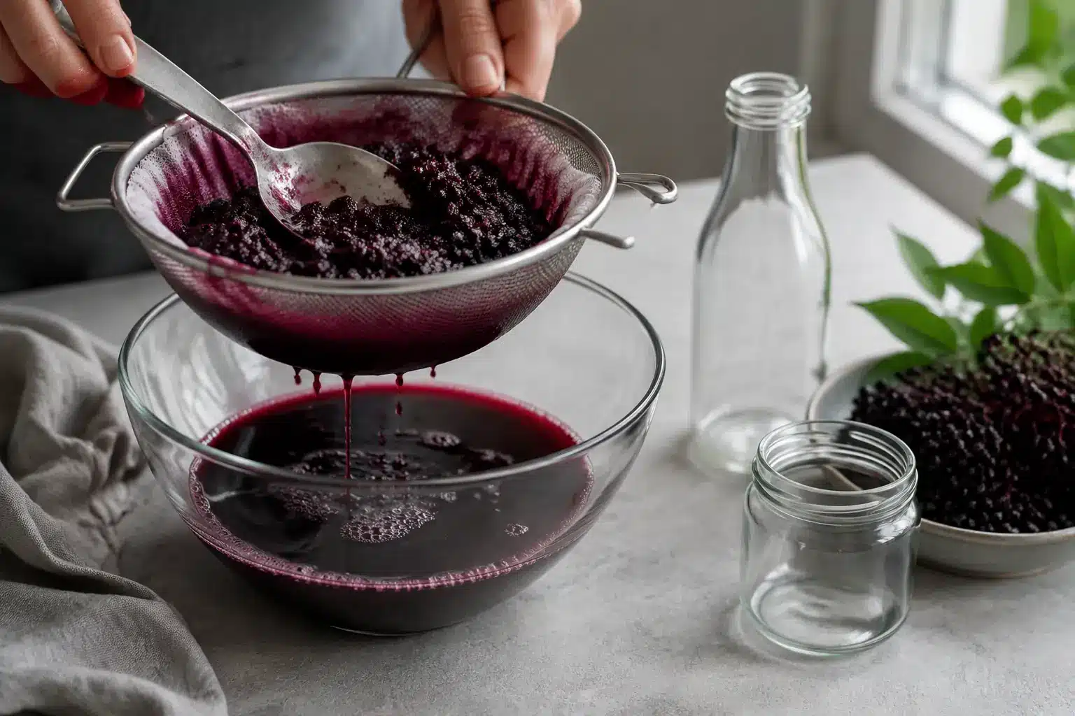 Gekochten Holunderbeerensaft durch ein Sieb abseihen