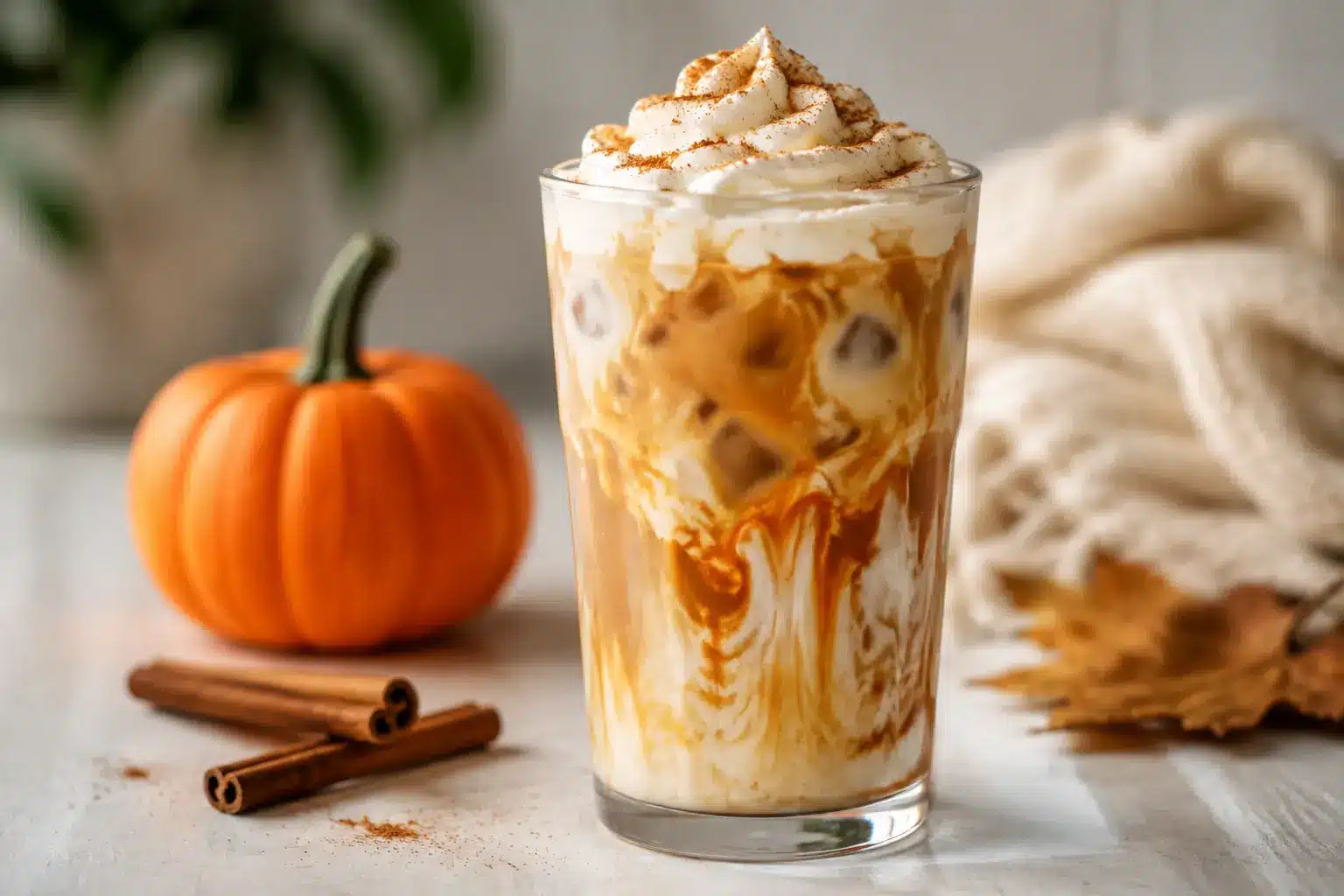 Iced Pumpkin Spice Latte mit Espresso, Kürbis und Eiswürfeln