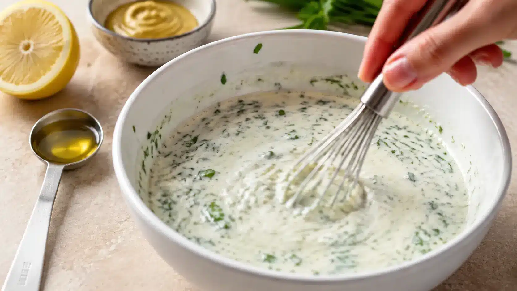 Kalorienarmes Joghurt-Salatdressing zubereiten Kalorienarmes Joghurt-Salatdressing wird mit Kräutern in einer Schüssel verrührt