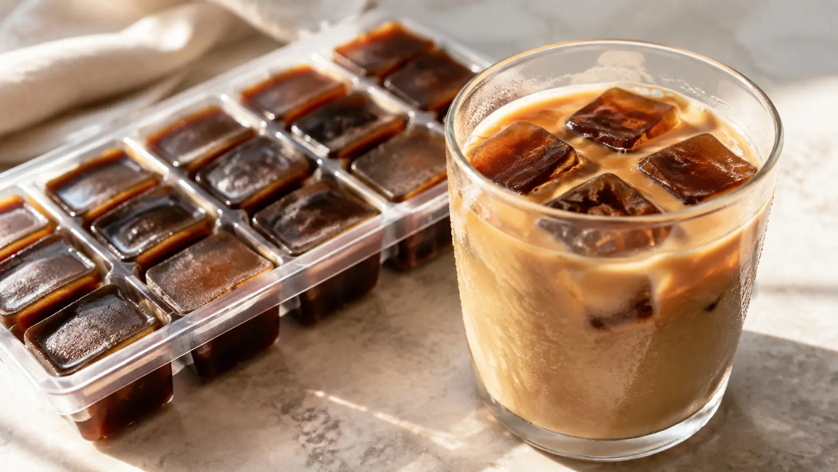Gefrorene Kaffee-Eiswürfel neben einem Glas Eiskaffee