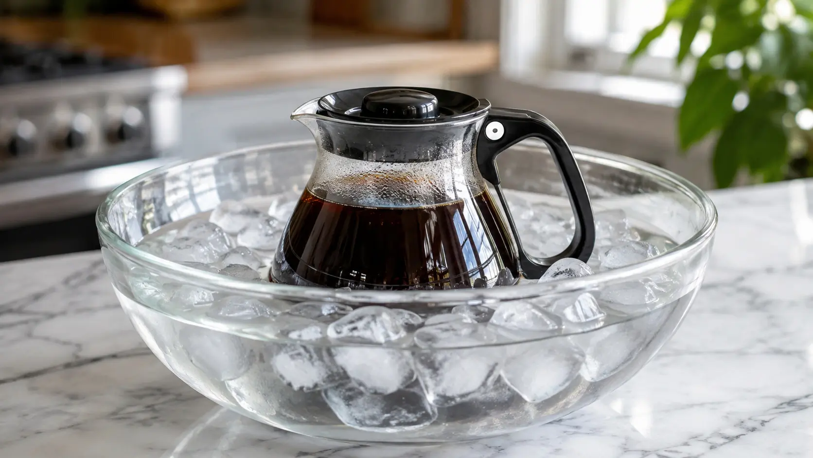 Kaffeekanne in einem Eiswasserbad zum schnellen Abkühlen