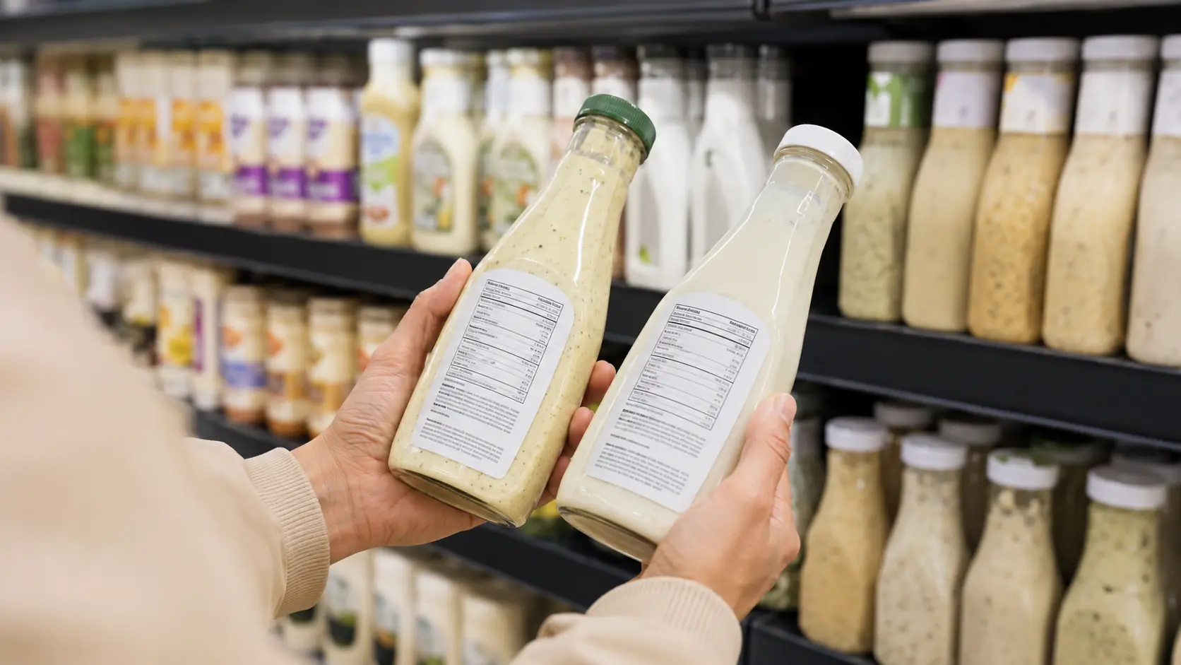 Kalorienarmes Salatdressing im Supermarkt auswählen Nährwertangaben verschiedener Salatdressings werden im Supermarkt verglichen