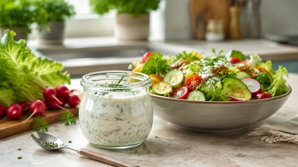 Kalorienarmes Salatdressing zum Abnehmen mit Joghurt und Kräutern neben einem frischen Salat