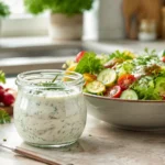 Kalorienarmes Salatdressing zum Abnehmen mit Joghurt und Kräutern neben einem frischen Salat