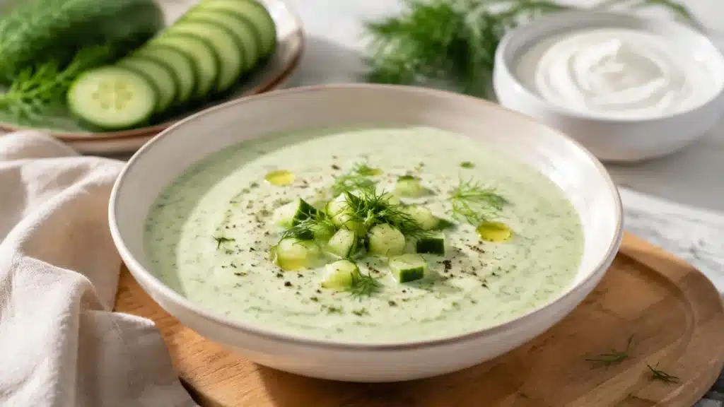 Kalte Gurkensuppe mit Joghurt und Dill, Gurkenwürfeln und Olivenöl