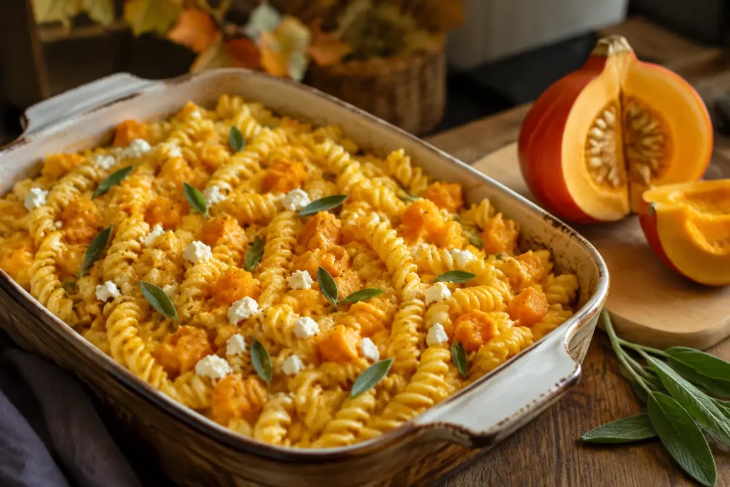 Cremige Kürbis Feta Pasta mit Hokkaido und Salbei aus dem Ofen