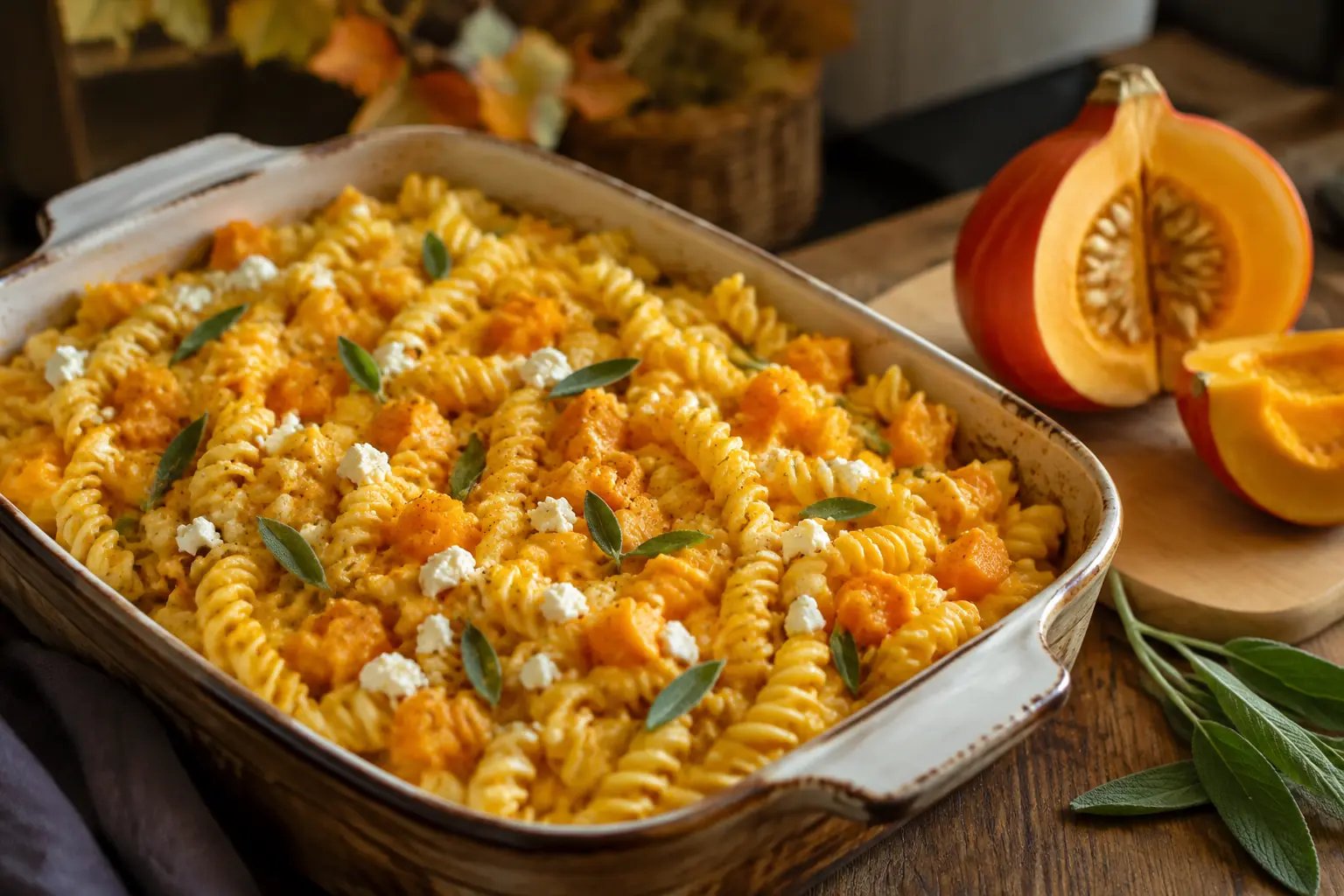 Cremige Kürbis Feta Pasta mit Hokkaido und Salbei aus dem Ofen