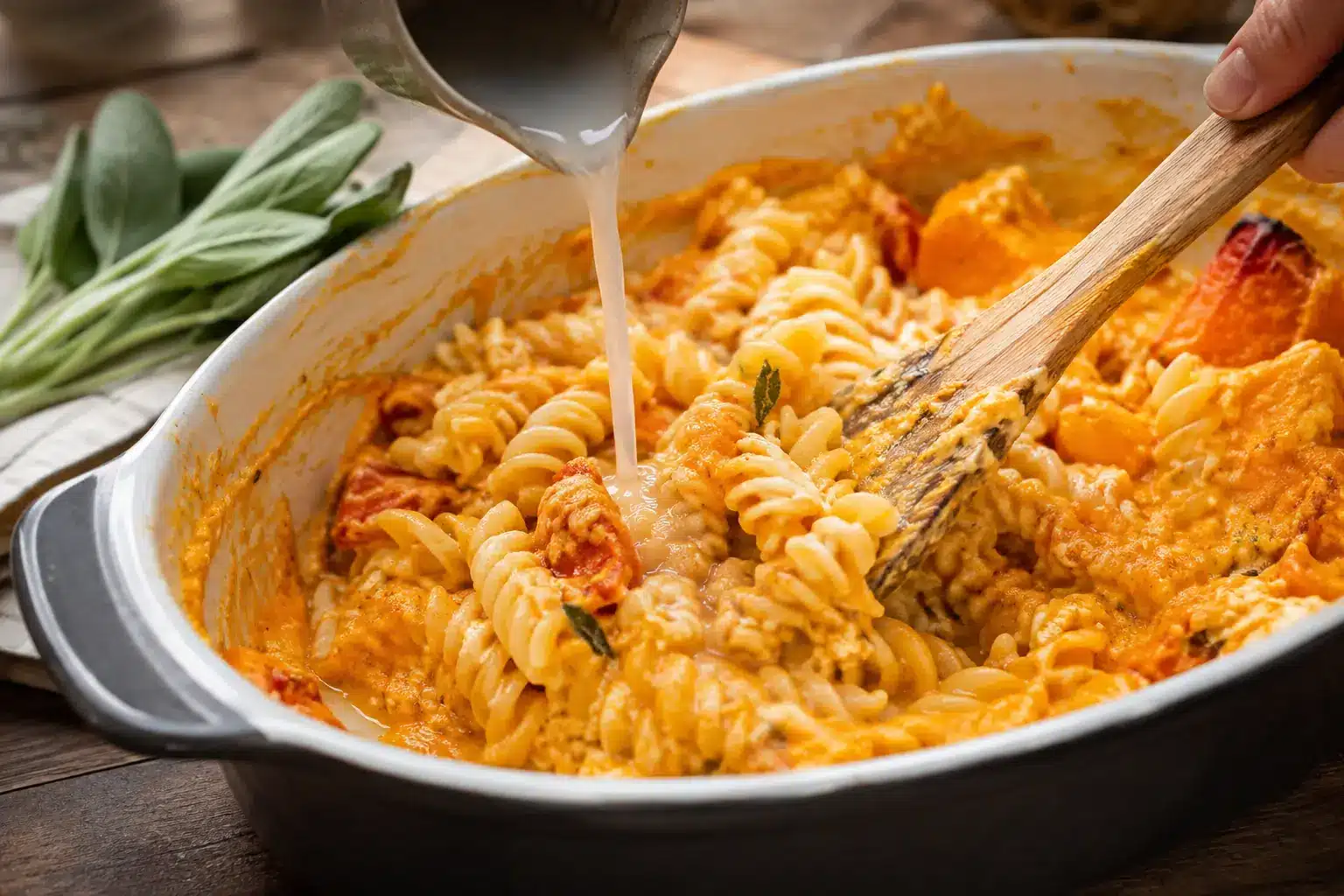 Kürbis-Feta-Pasta mit Pasta und cremiger Sauce vermengen