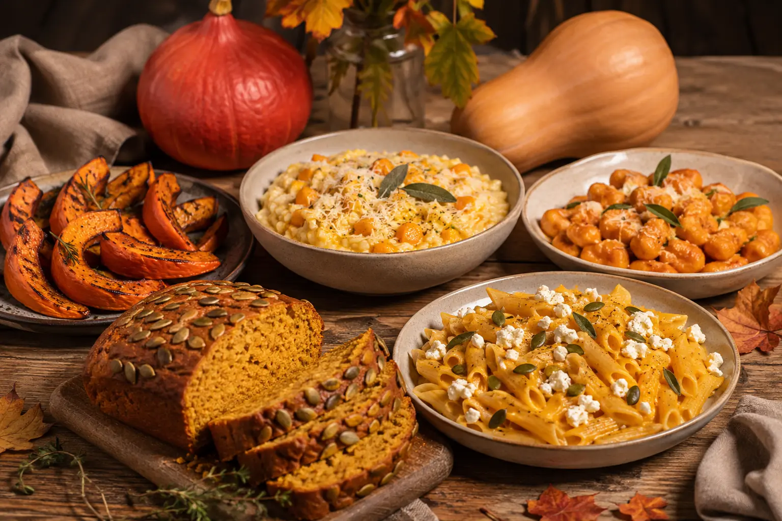 Verschiedene Kürbis Rezepte mit Ofenkürbis Risotto Gnocchi Pasta und Kürbisbrot