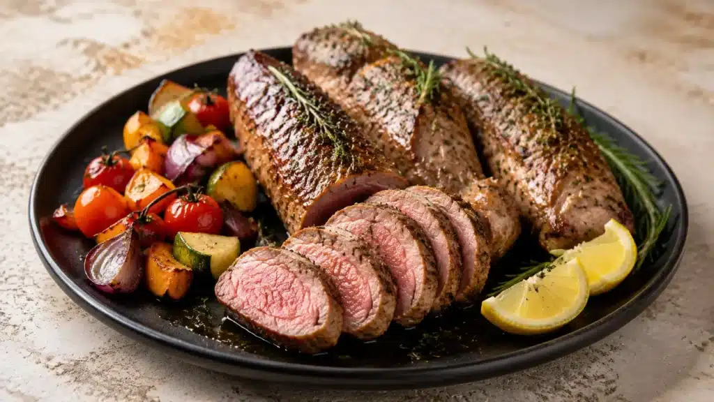 Aufgeschnittene Lammlachse aus dem Airfryer mit rosa Kern und Kräuterkruste