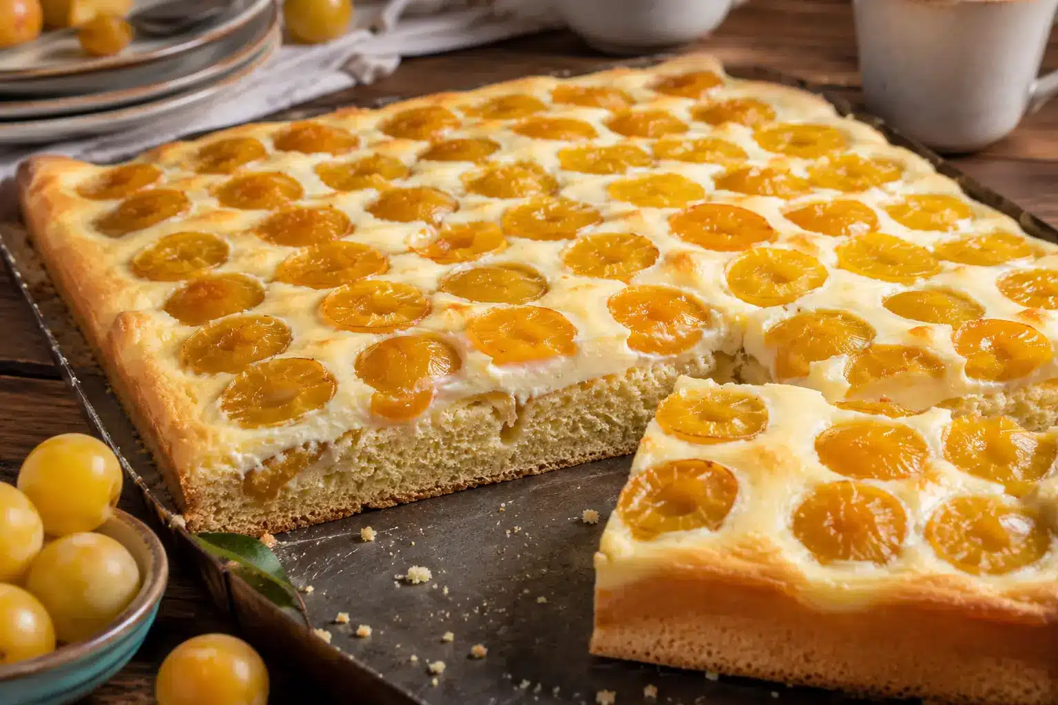 Saftiger Mirabellenkuchen vom Blech mit Rührteig und Schmandguss