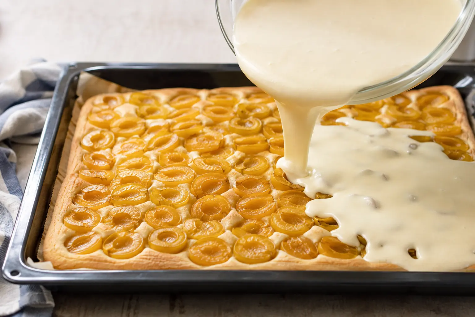 Schmandguss auf Mirabellenkuchen verteilen
