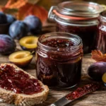 Hausgemachtes dunkles Pflaumenmus aus Zwetschgen in kleinen Gläsern mit Brot