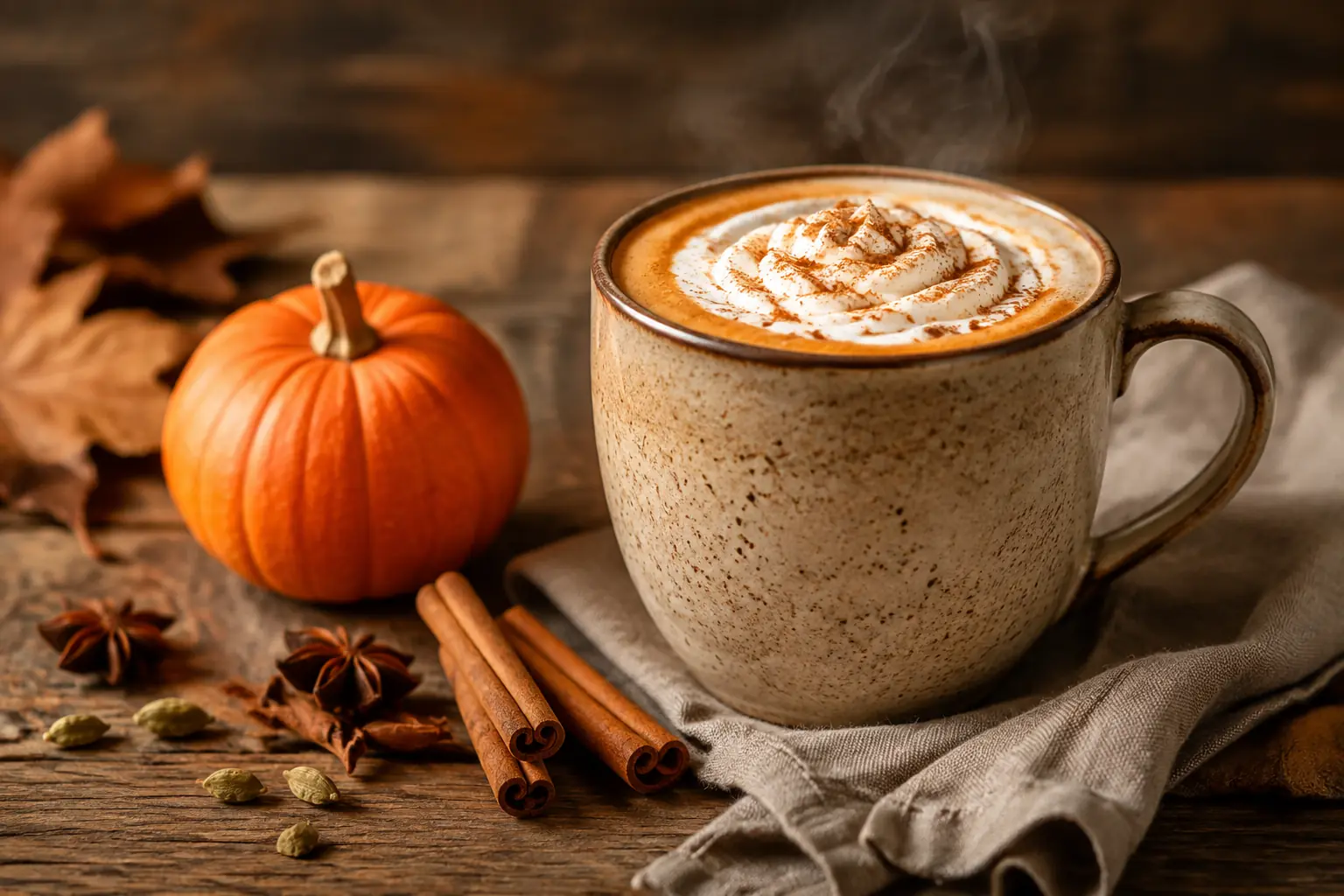 Selbstgemachter Pumpkin Spice Latte mit Sahne Zimt und Kürbis