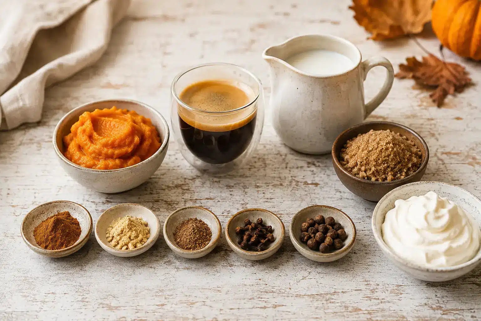Zutaten für einen selbstgemachten Pumpkin Spice Latte mit Kürbispüree und Espresso