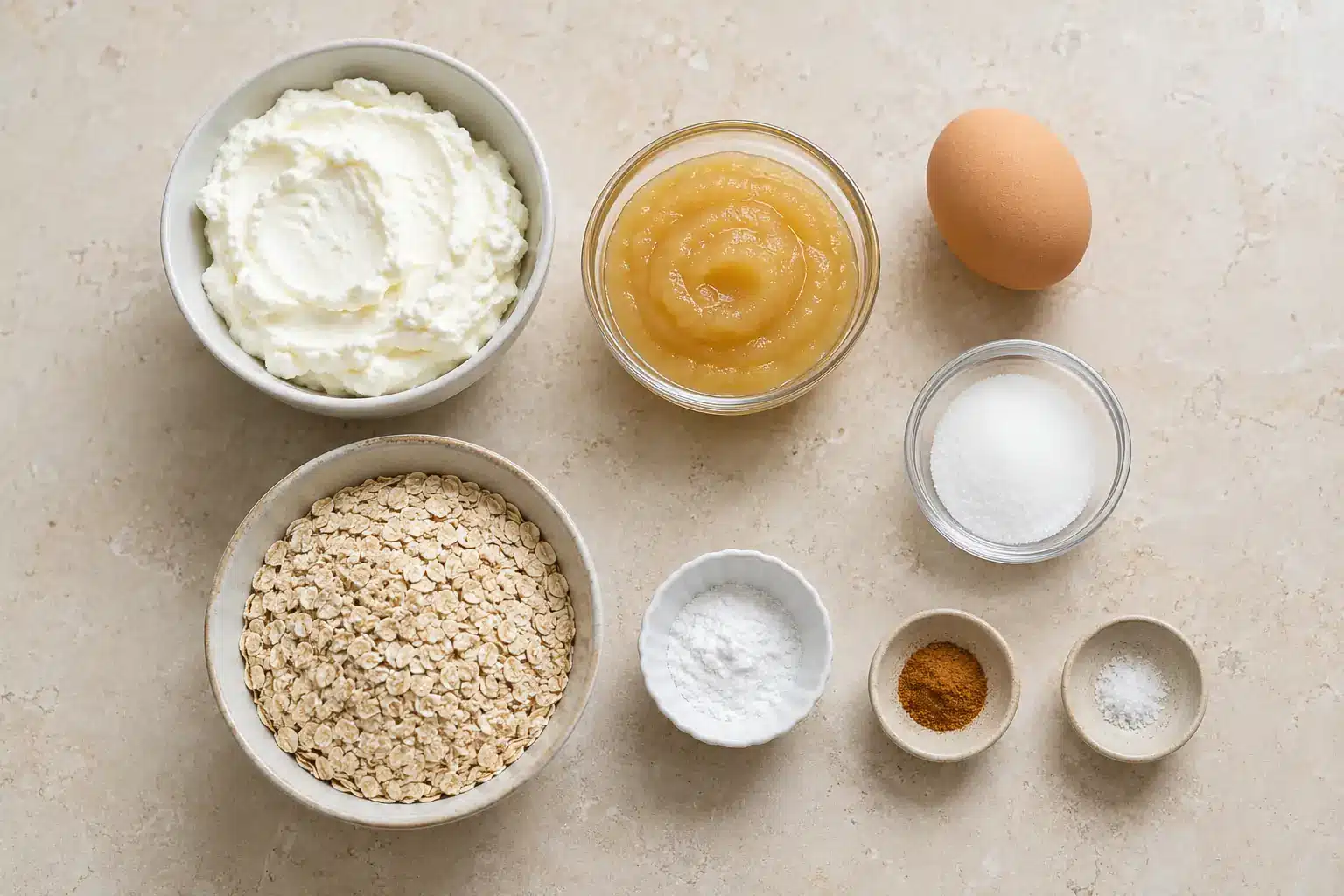 Zutaten für kalorienarme Quark-Haferflocken-Kekse Magerquark, Haferflocken, Apfelmark und Ei für kalorienarme Kekse