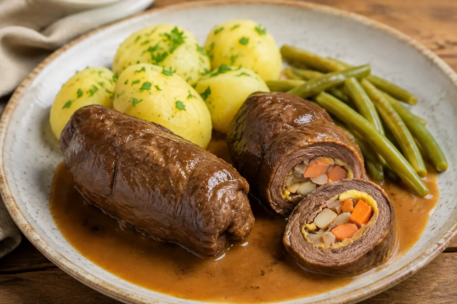 Aufgeschnittene Rinderrouladen ohne Speck und Gurke mit Möhrenfüllung und brauner Soße