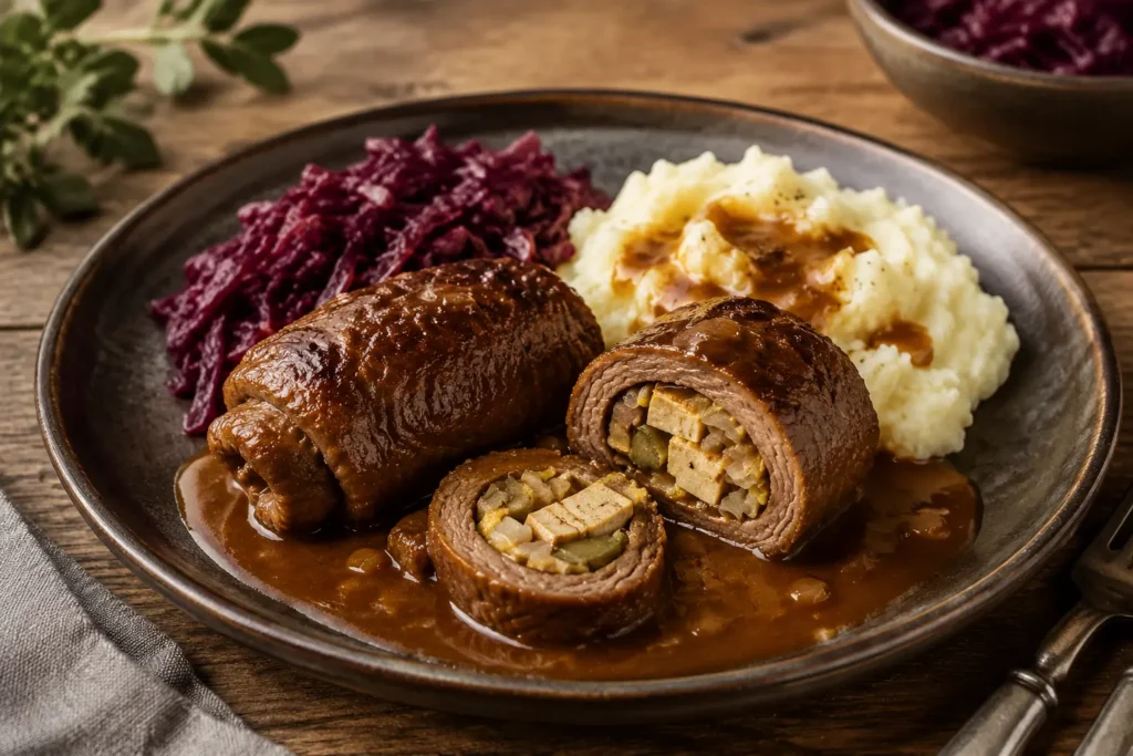 Rinderrouladen ohne Speck und Wein mit brauner Soße, Kartoffelpüree und Rotkohl