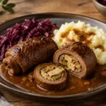 Rinderrouladen ohne Speck und Wein mit brauner Soße, Kartoffelpüree und Rotkohl