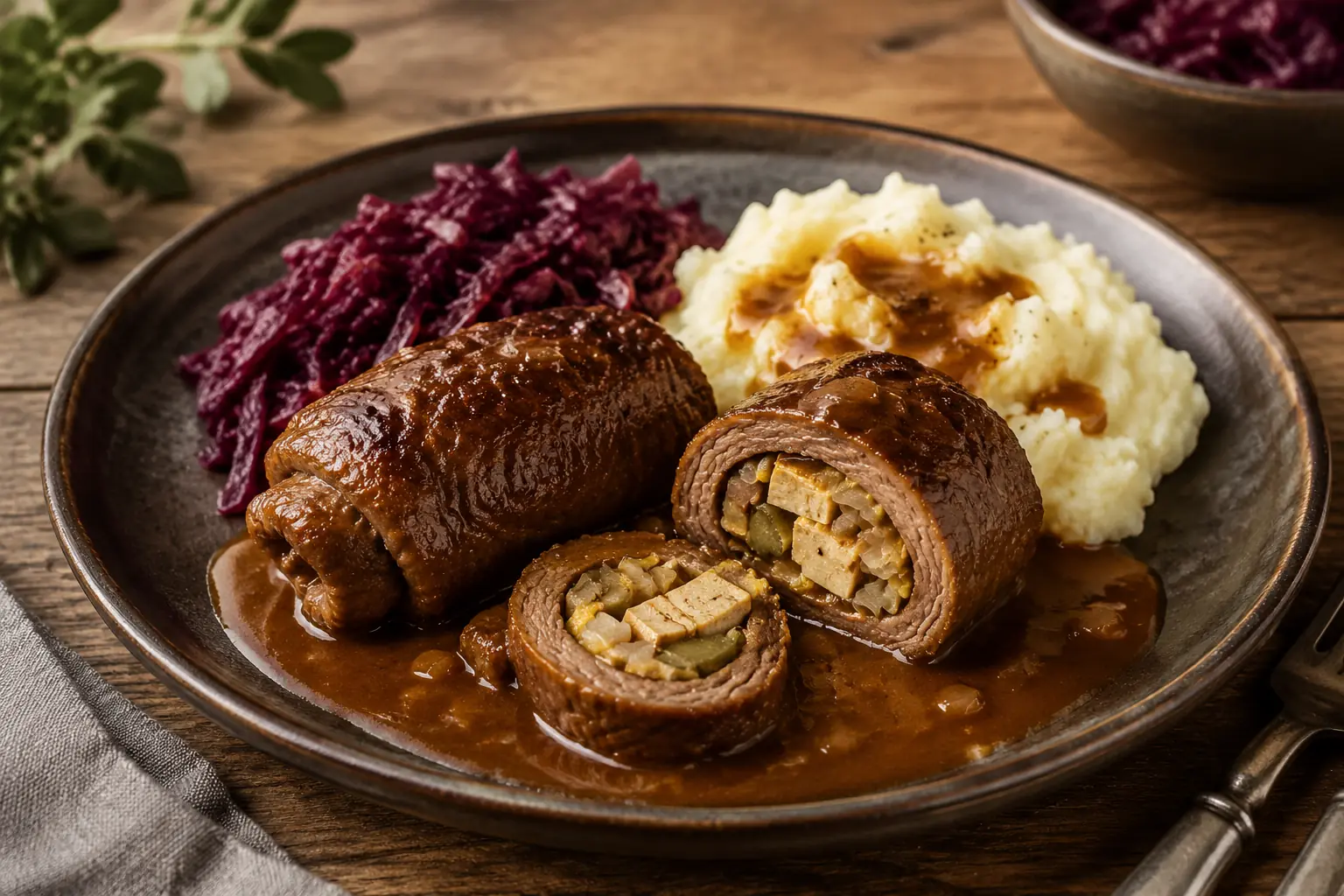 Rinderrouladen ohne Speck und Wein mit brauner Soße, Kartoffelpüree und Rotkohl
