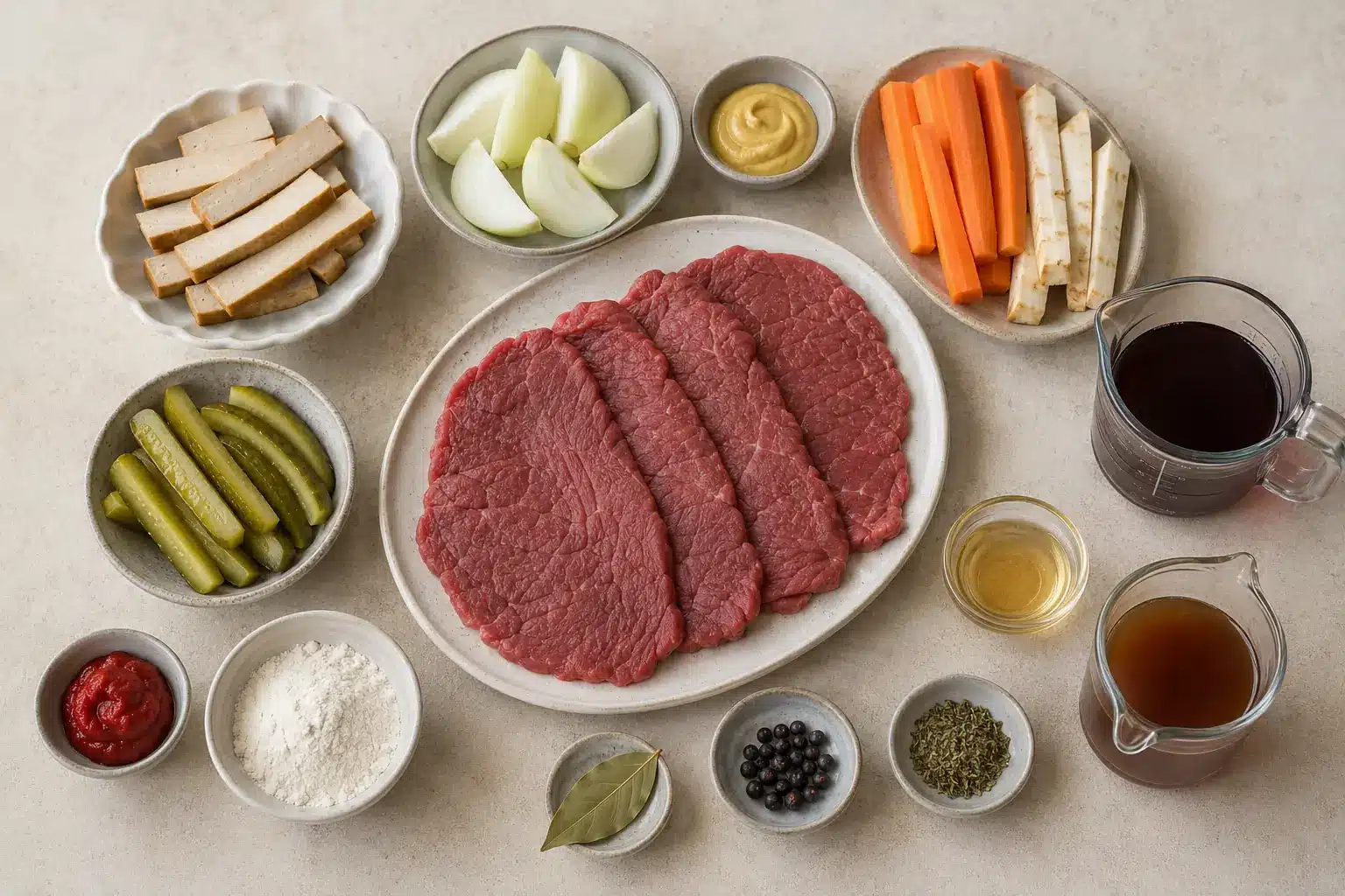 Zutaten für Rinderrouladen ohne Speck mit Rindfleisch, Räuchertofu, Gurken und Gemüse