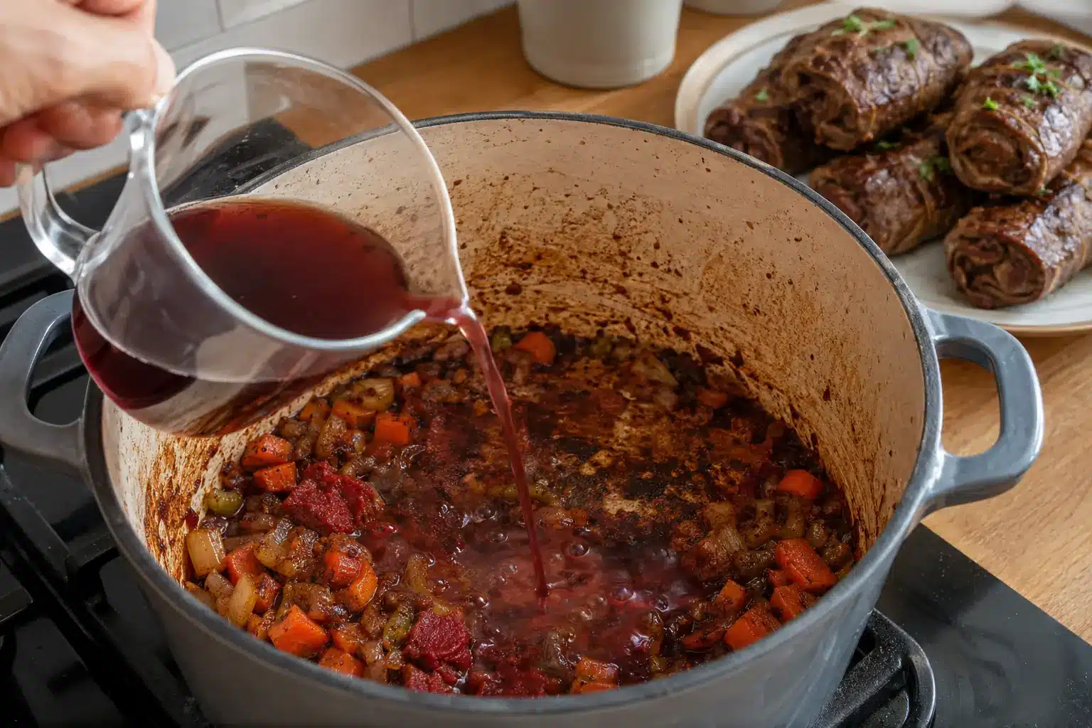 Soße für Rinderrouladen wird mit Gemüse und rotem Traubensaft ohne Rotwein zubereitet