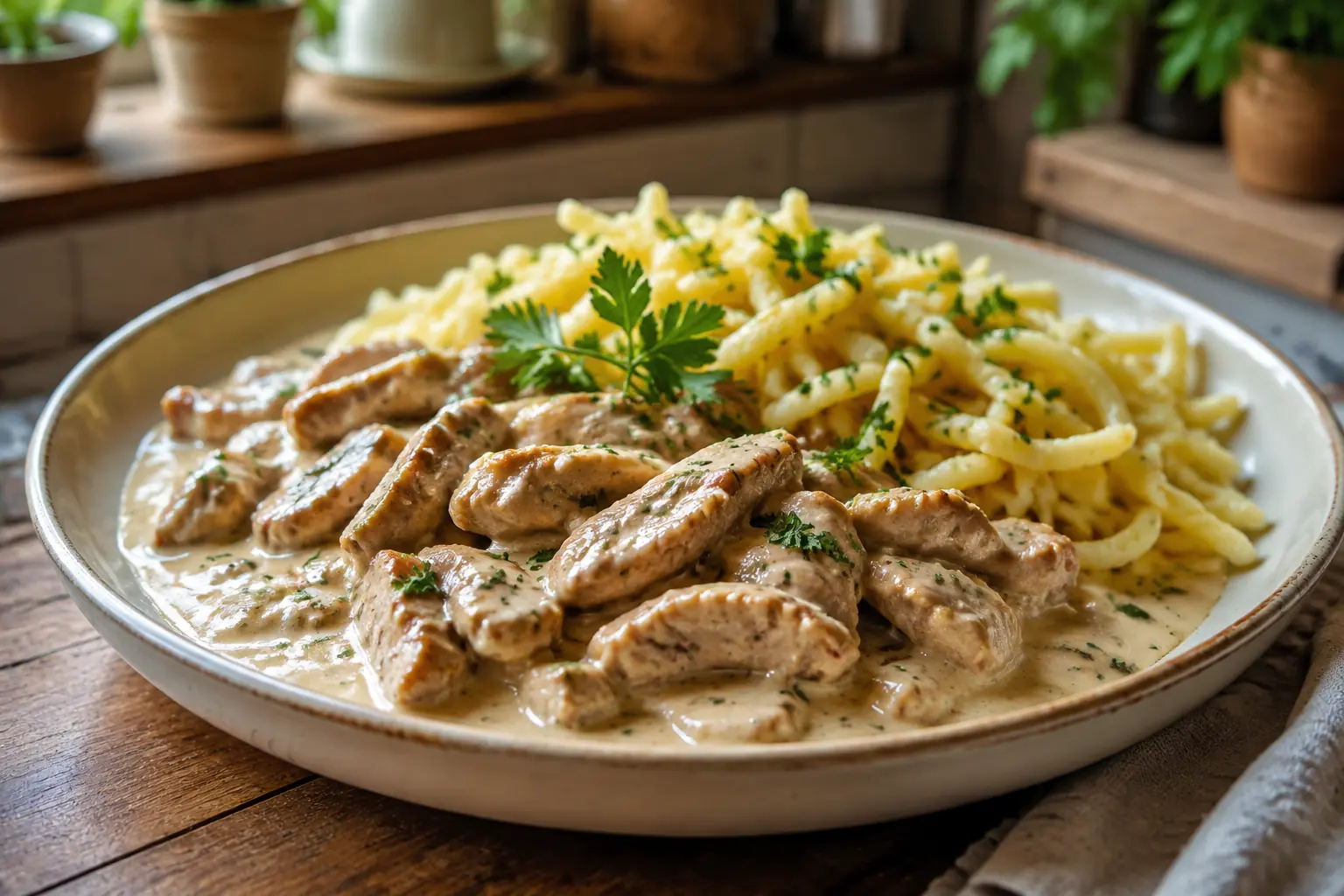 Cremiges Schweinegeschnetzeltes ohne Pilze mit Spätzle