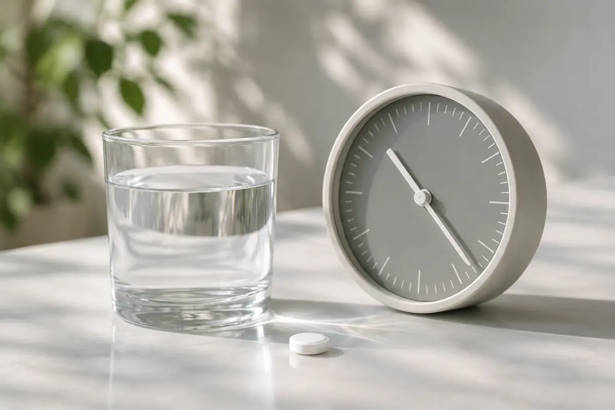 Tablette neben Wasser und einer Uhr als Symbol für die Einnahmezeit