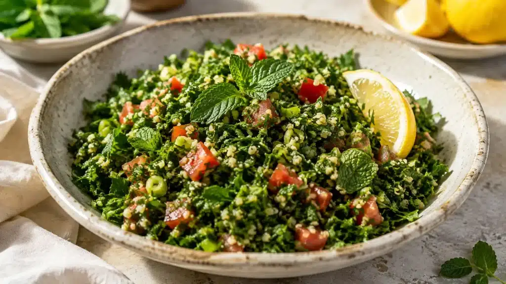 Tabouleh mit feinem Bulgur, Tomaten, Minze und Zitrone